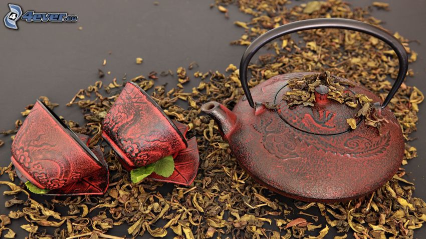 teapot, cups, dry leaves