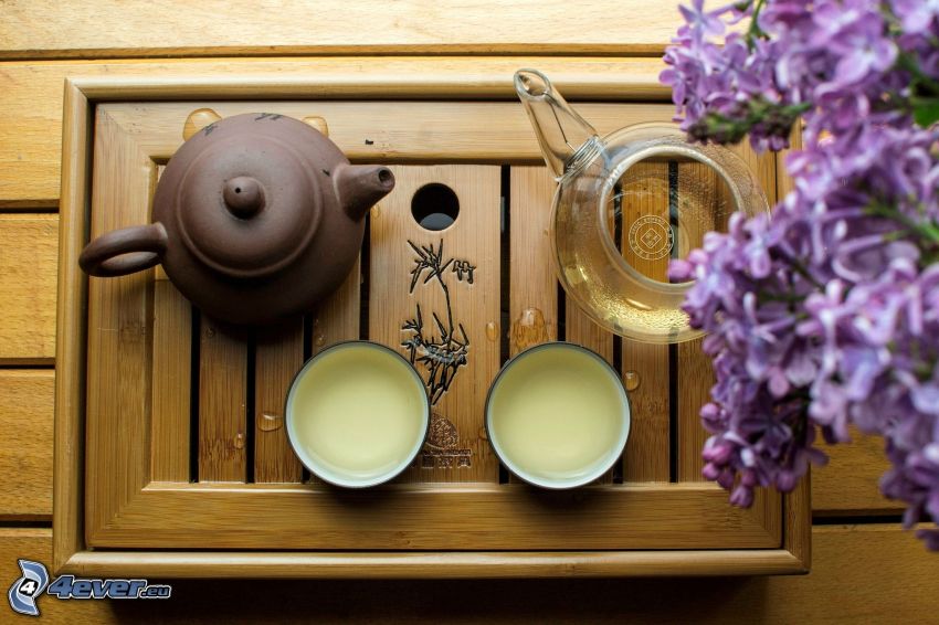 teapot, cups, lilac