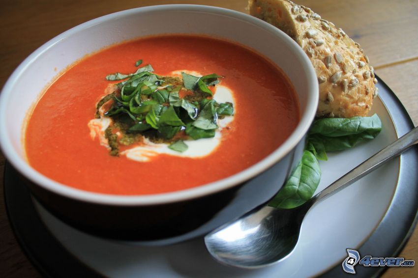 tomato soup, spoon, basil