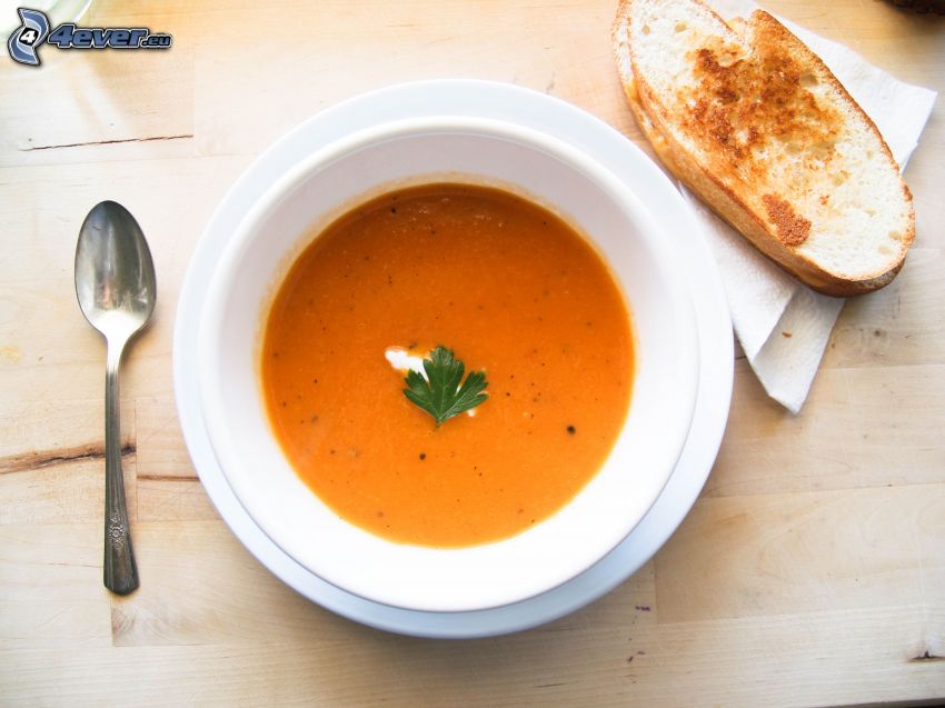 tomato soup, spoon, toast