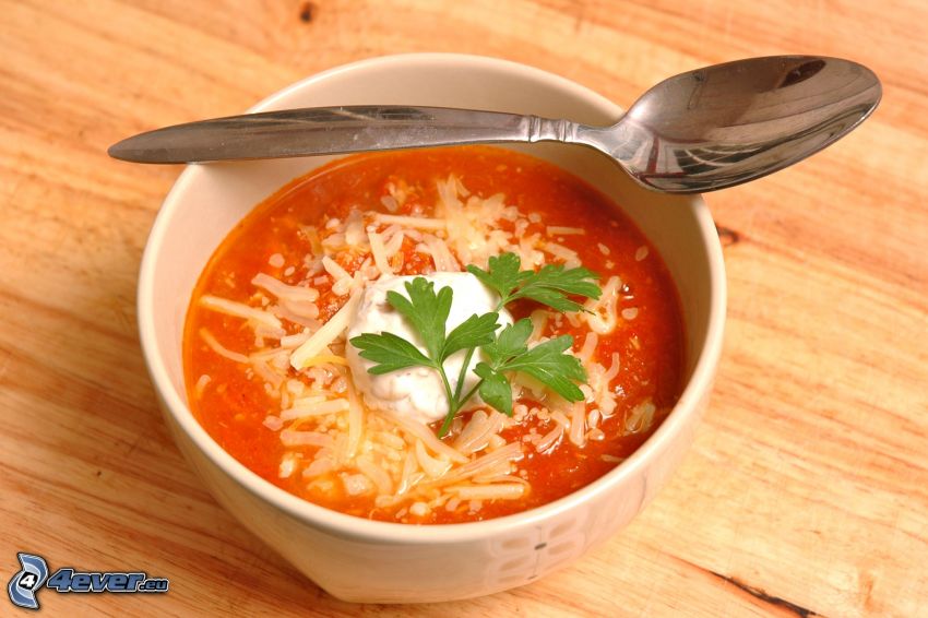 tomato soup, spoon