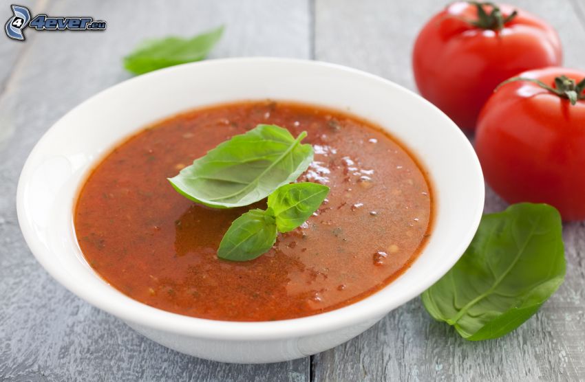 tomato soup, tomatoes, basil