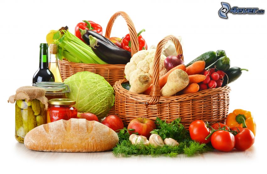 vegetables, bread, baskets
