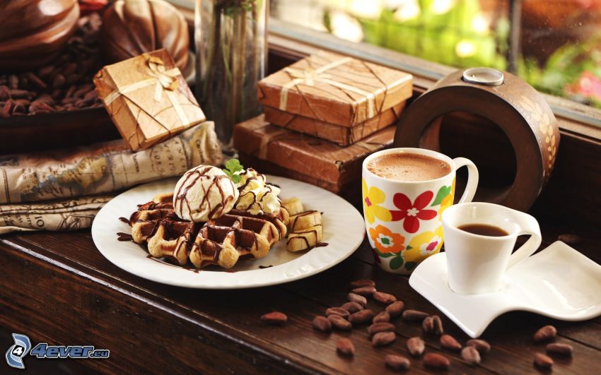 waffles, ice cream, cup of coffee, coffee beans, gifts