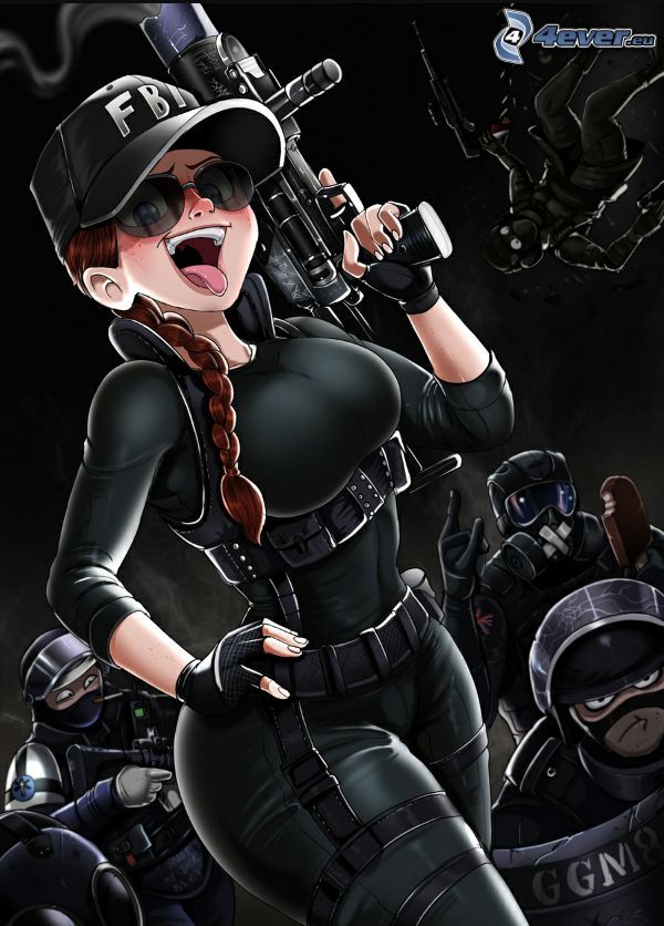 cartoon characters, cop, woman with a gun, FBI, sunglasses