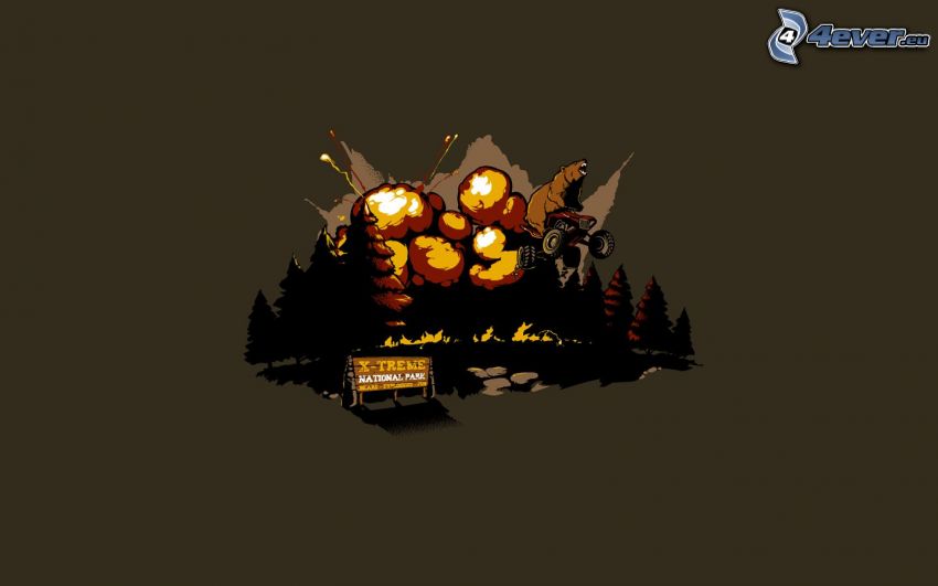 explosion, forest, bear, quad