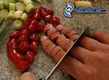 fingers, knife, pepper, onion, table