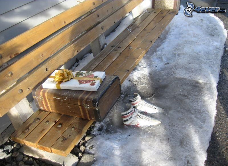 ice, white sneakers, bench, suitcase