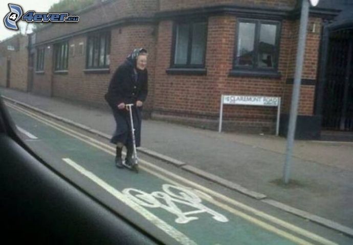 grandmother, scooters, pathway for bikers