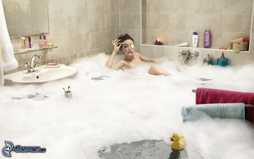 woman in bath, flood, foam, wash basin