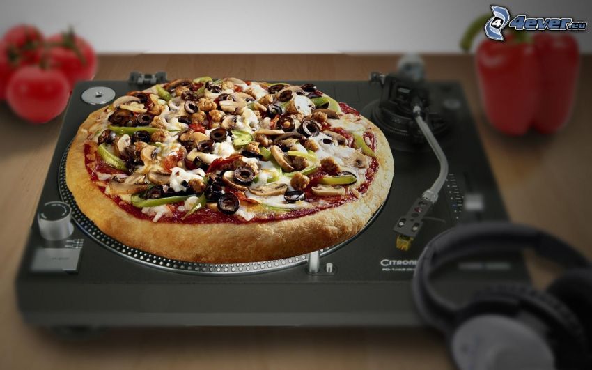 pizza, phonograph