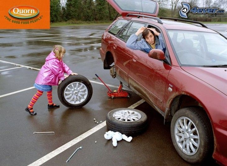 repair, girl, wheel, car, car park
