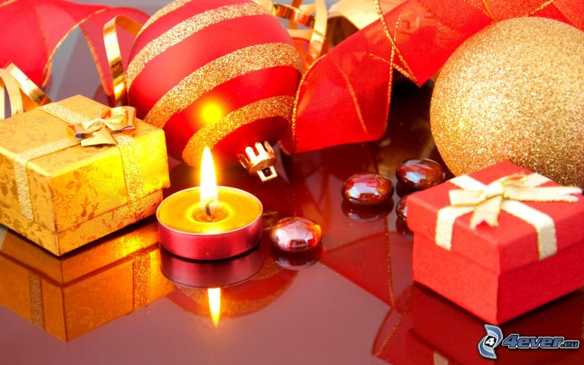 candle, christmas balls, gifts, ribbon