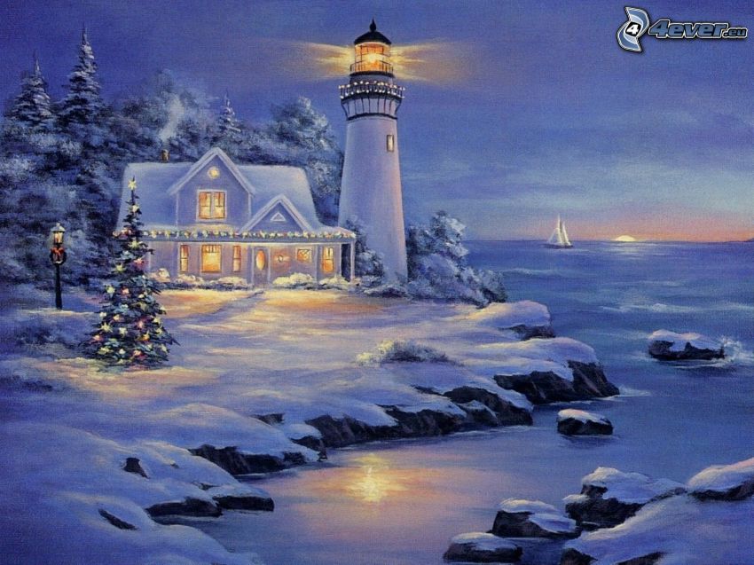 cartoon lighthouse, snowy house, snowy trees, coast, sea, Thomas Kinkade