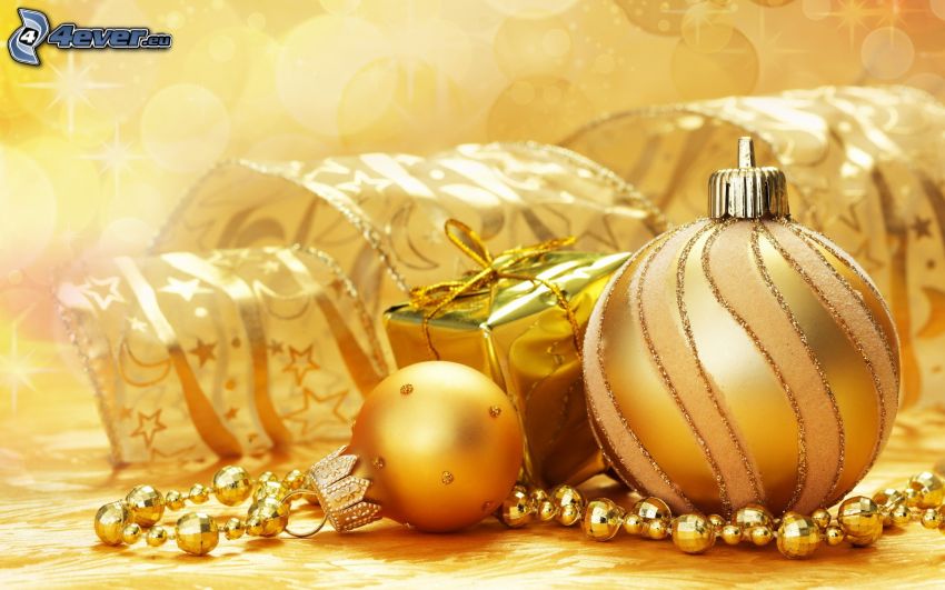 christmas balls, gift, ribbon