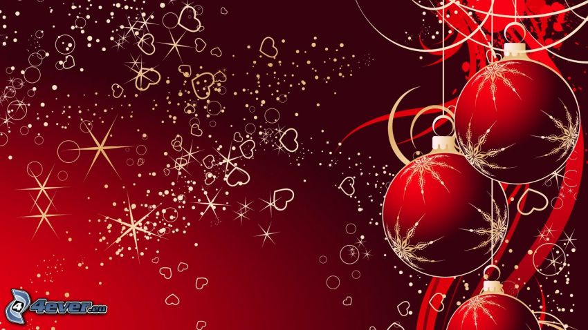 christmas balls, hearts, circles, red background