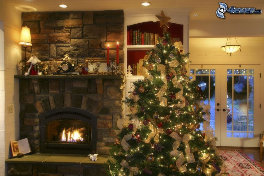 christmas tree, fireplace, living room