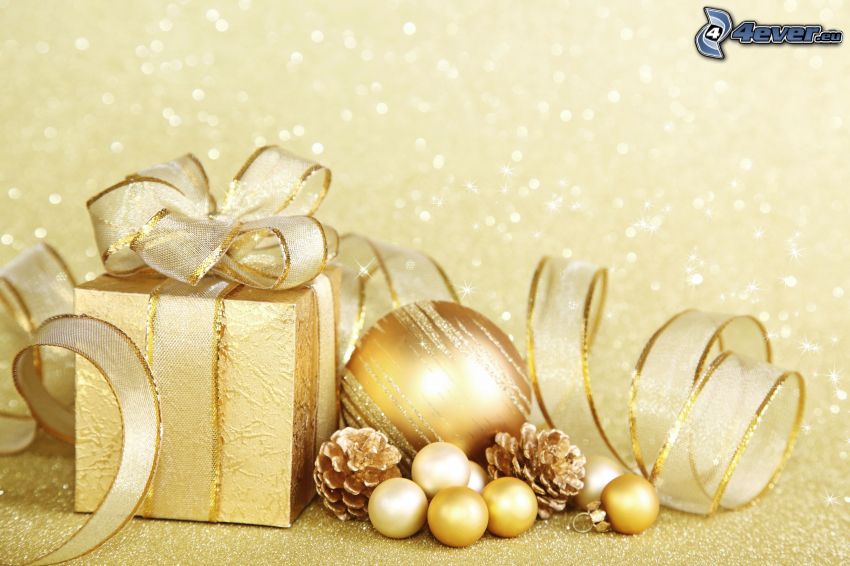 gift, christmas ball, conifer cones, ribbon
