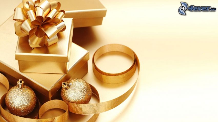 gifts, christmas balls, ribbon