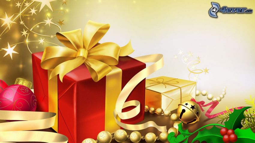 gifts, jingle bell, christmas balls, ribbon