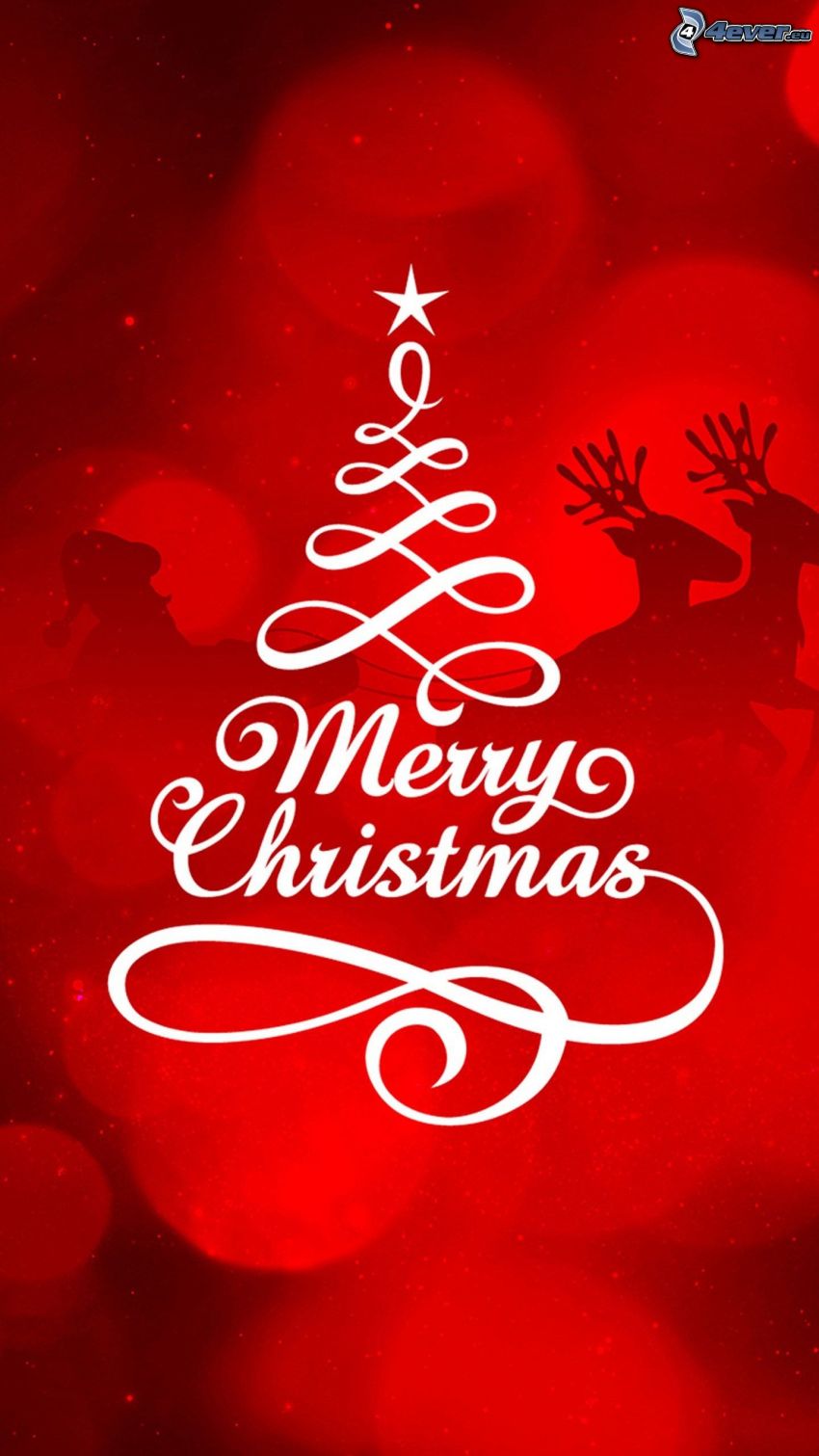 Merry Christmas, reindeers, sled, Santa Claus, silhouette, christmas tree, red background