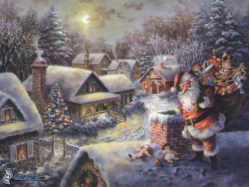Santa Claus, chimney, snowy village, gifts, Thomas Kinkade