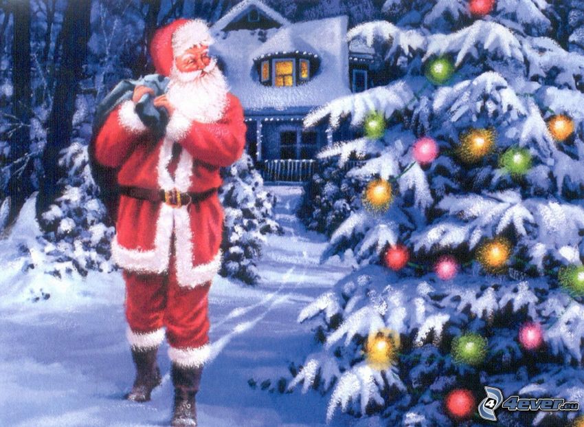 Santa Claus, christmas tree, snow