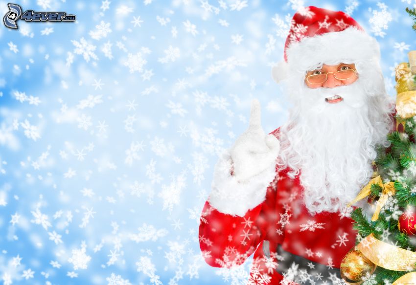 Santa Claus, christmas tree, snowflakes