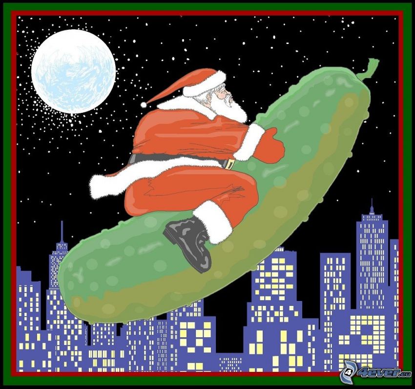 Santa Claus, cucumber, moon, city
