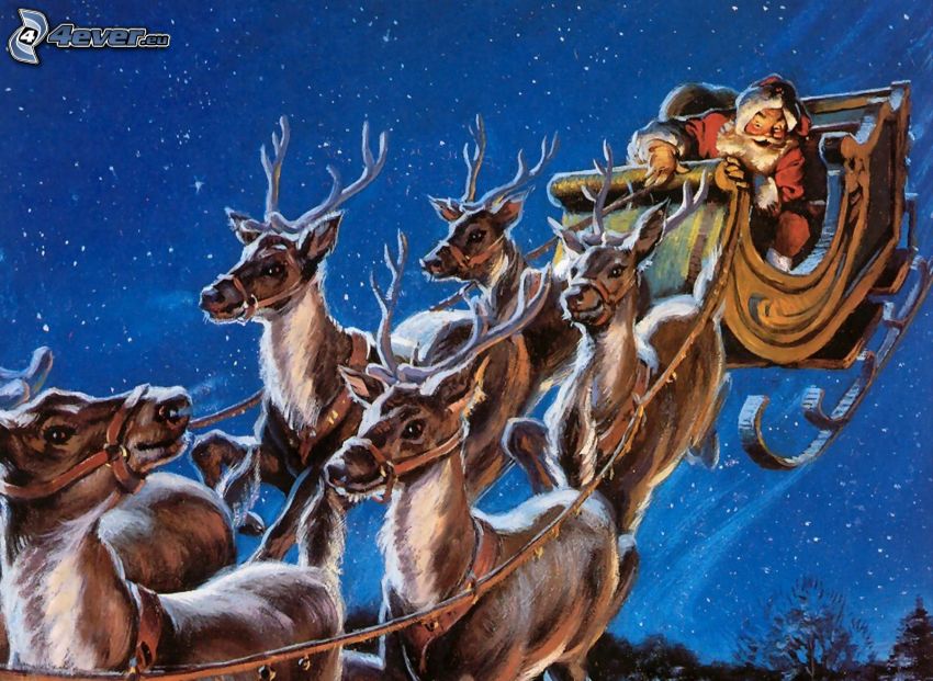 Santa Claus, reindeers, sled