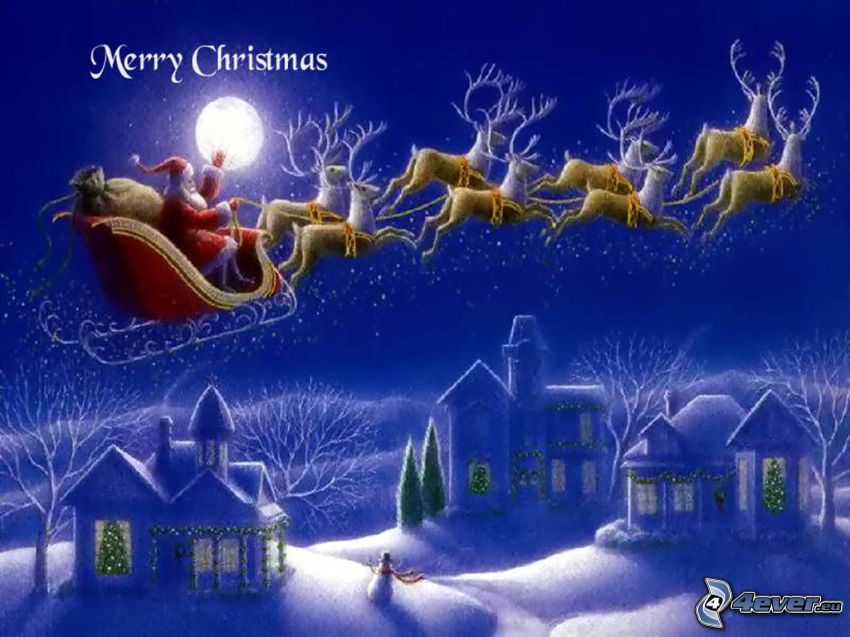 Santa Claus, sled, reindeers, snow, houses