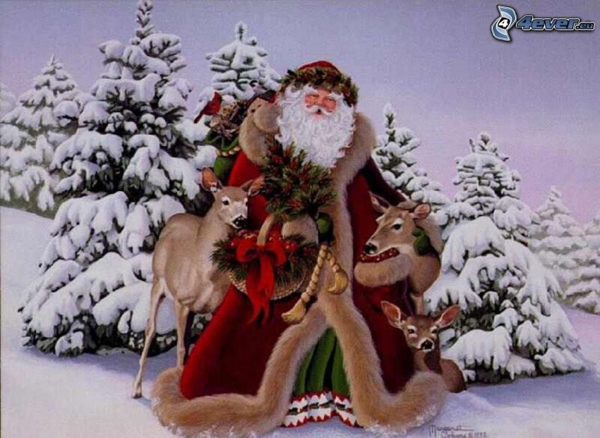 Santa Claus, snowy trees, deers