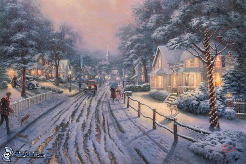 snow-covered road, street, houses, Thomas Kinkade
