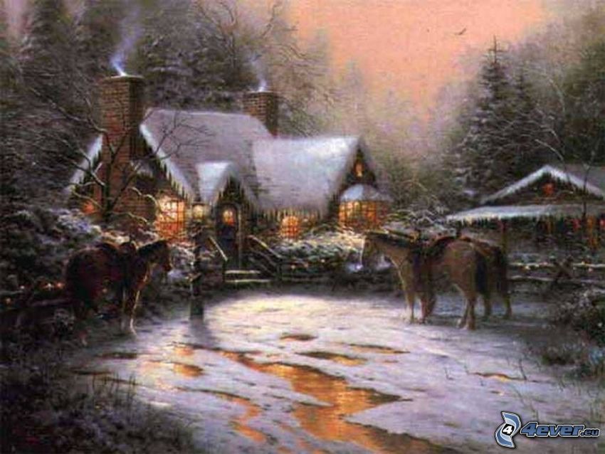 snowy house, cartoon house, snow, road, horses, Thomas Kinkade