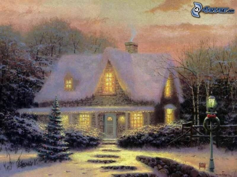 snowy house, cartoon house, snow, Thomas Kinkade