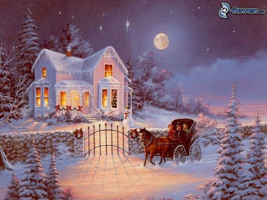 snowy house, horse cart, carriage, moon, snow, coniferous trees, Thomas Kinkade