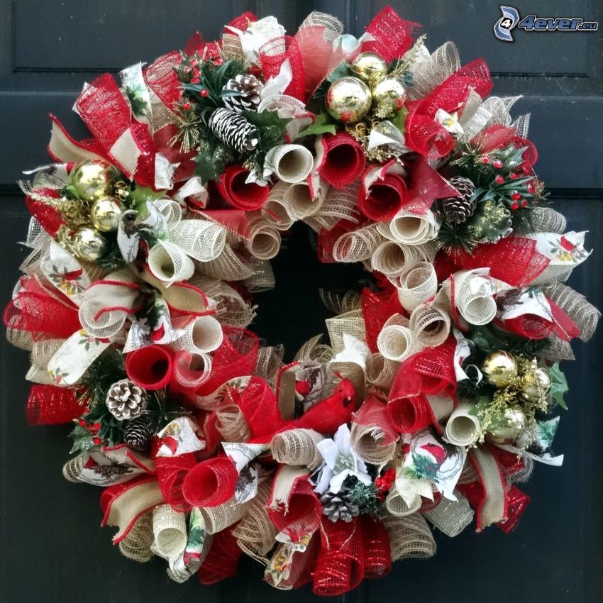 wreathework, conifer cones, ribbon