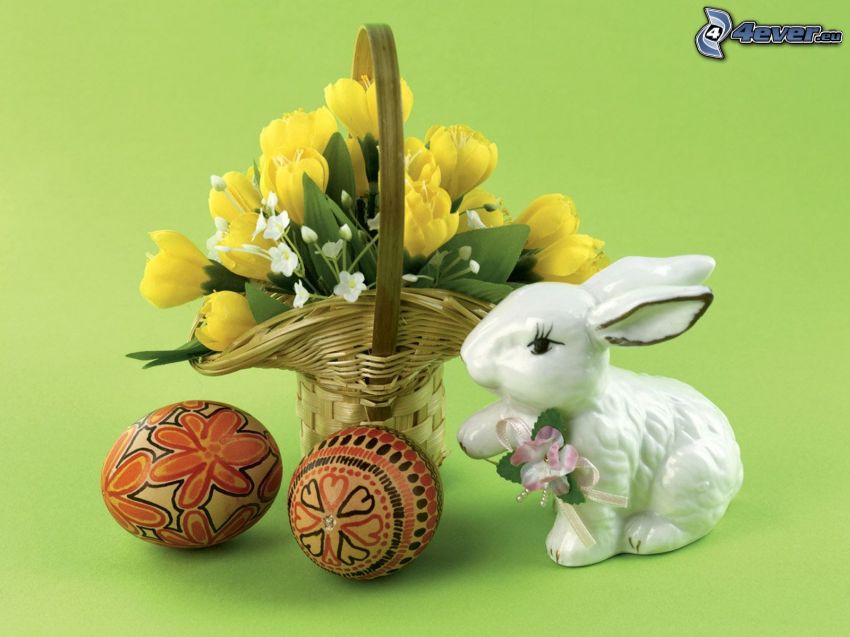 easter bunny, flower, basket, easter eggs, still life