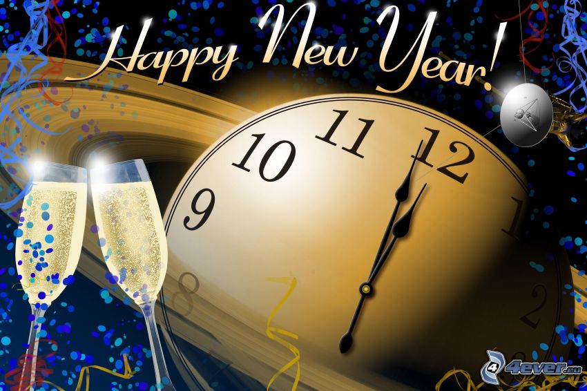 happy new year, clock, champagne