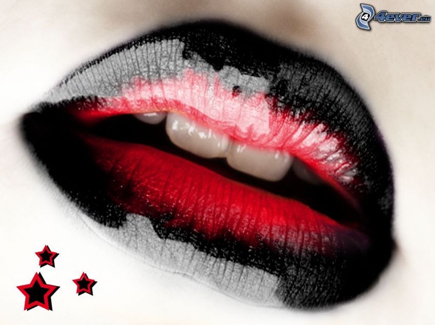 black lips, gloss lips, star, mouth, lipstick, teeth