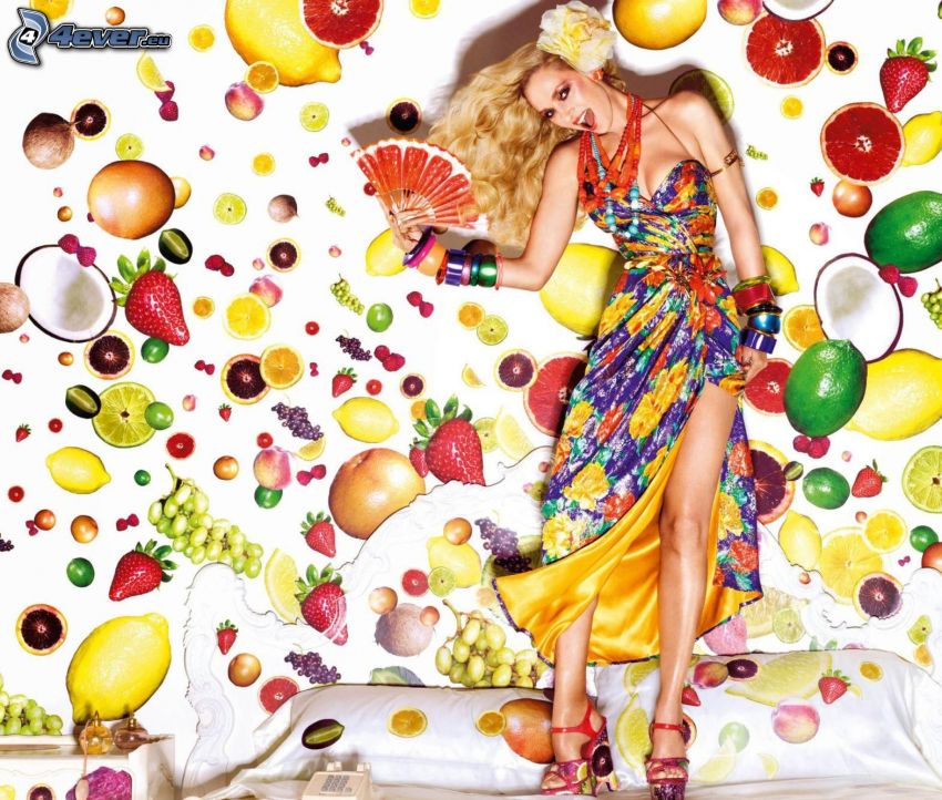 blonde, colored dress, chinese fan, fruit