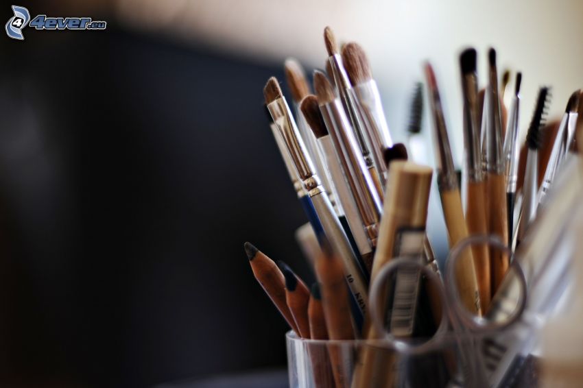 brushes, make-up, pencils, scissors