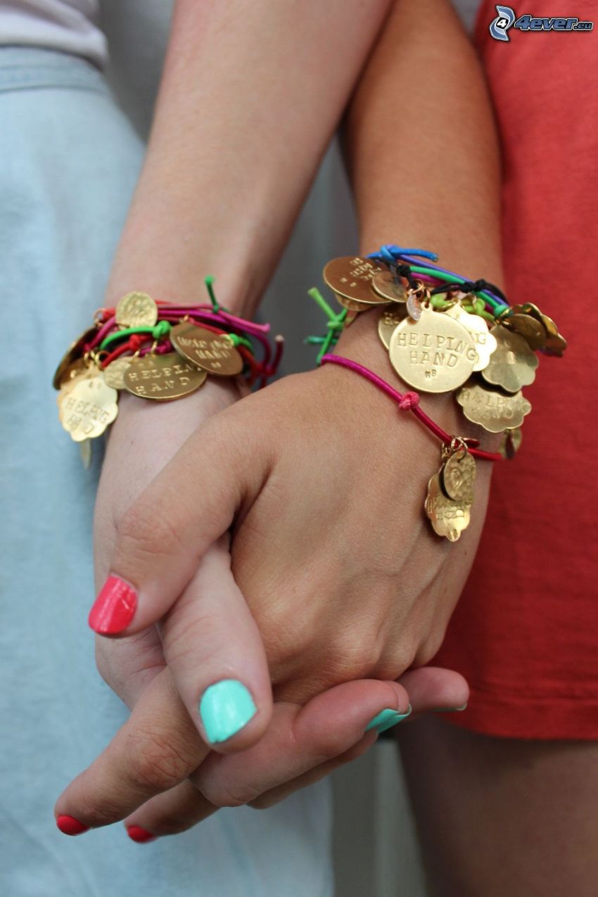 bracelets, girls' hands, painted nails