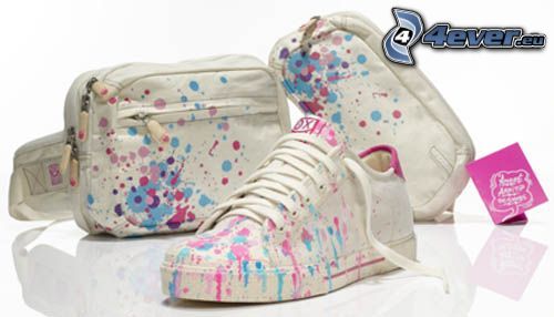colorful sneakers, handbag, stain