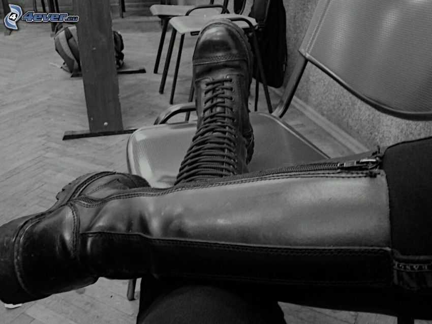 combat boot, chairs, black and white photo