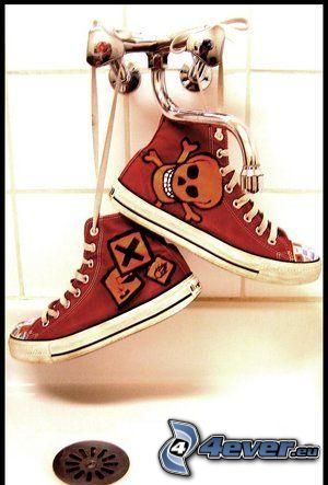 Converse, sneakers on clothesline, red sneakers, sneakers with skull, tap, wash basin