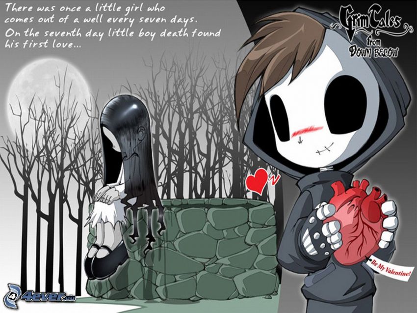 emo couple, heart, Grim Reaper, skeleton, love