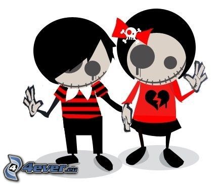 emo couple, skeleton, love, ribbon