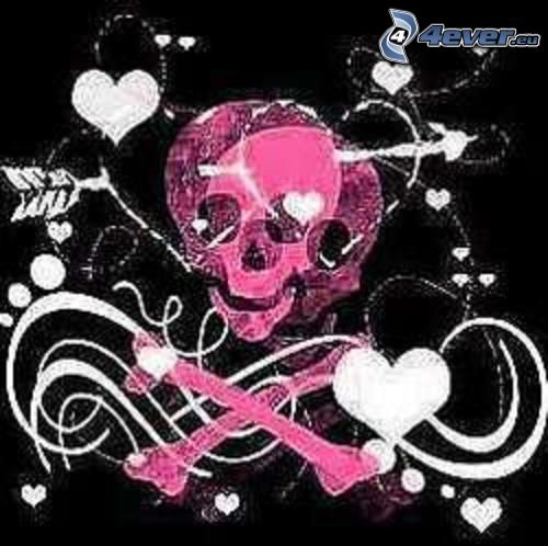 pink skull, hearts
