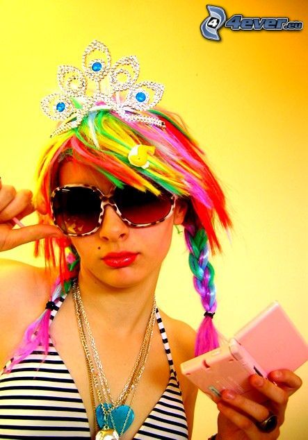 styled girl, colored hair, sunglasses, crown, swimsuit